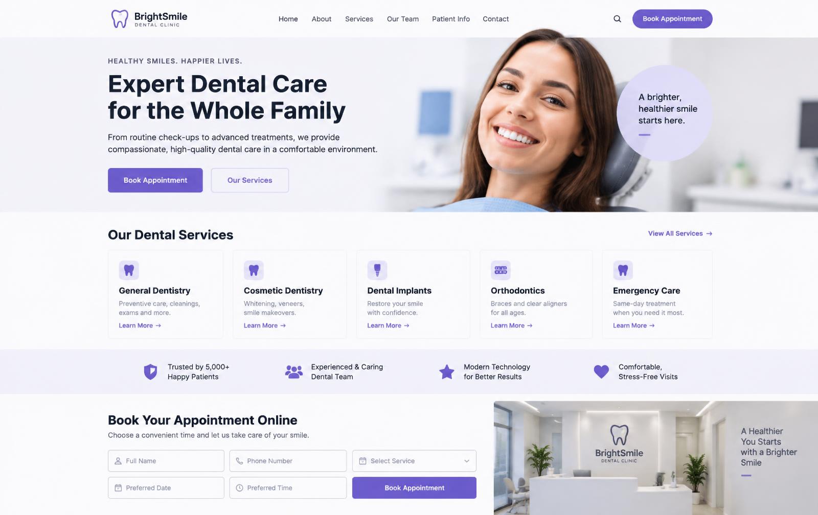 Página de inicio de la clínica dental con servicios y formulario de cita