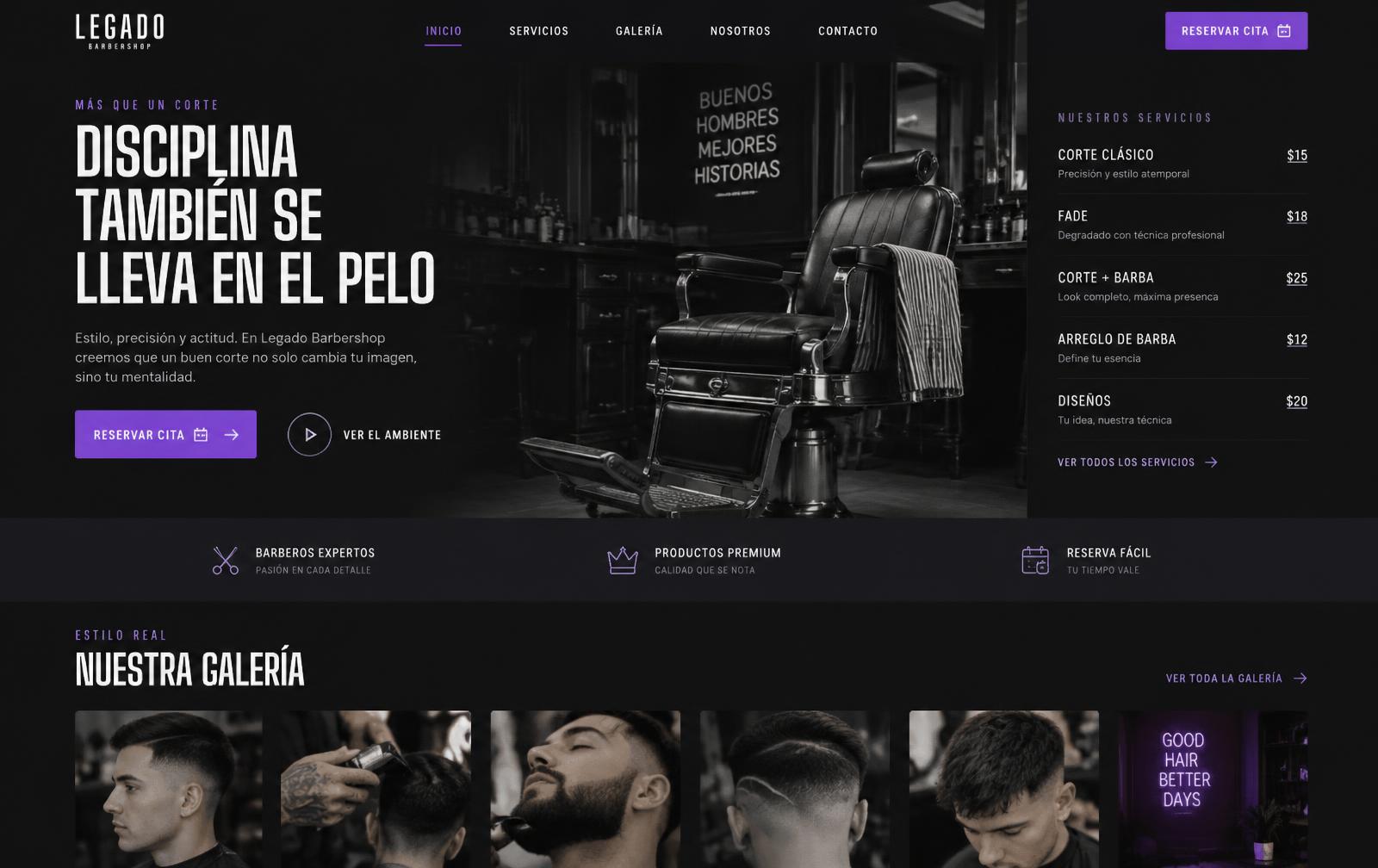 Página de inicio de la barbería con lista de precios y reserva de cita
